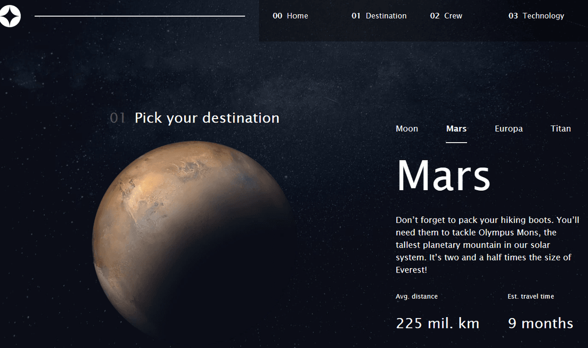 the destination page of the space tourism website. The destination shown is Mars